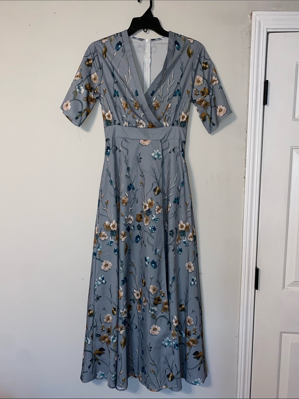 Wrap-Style Dusty Blue Floral Maxi Dress